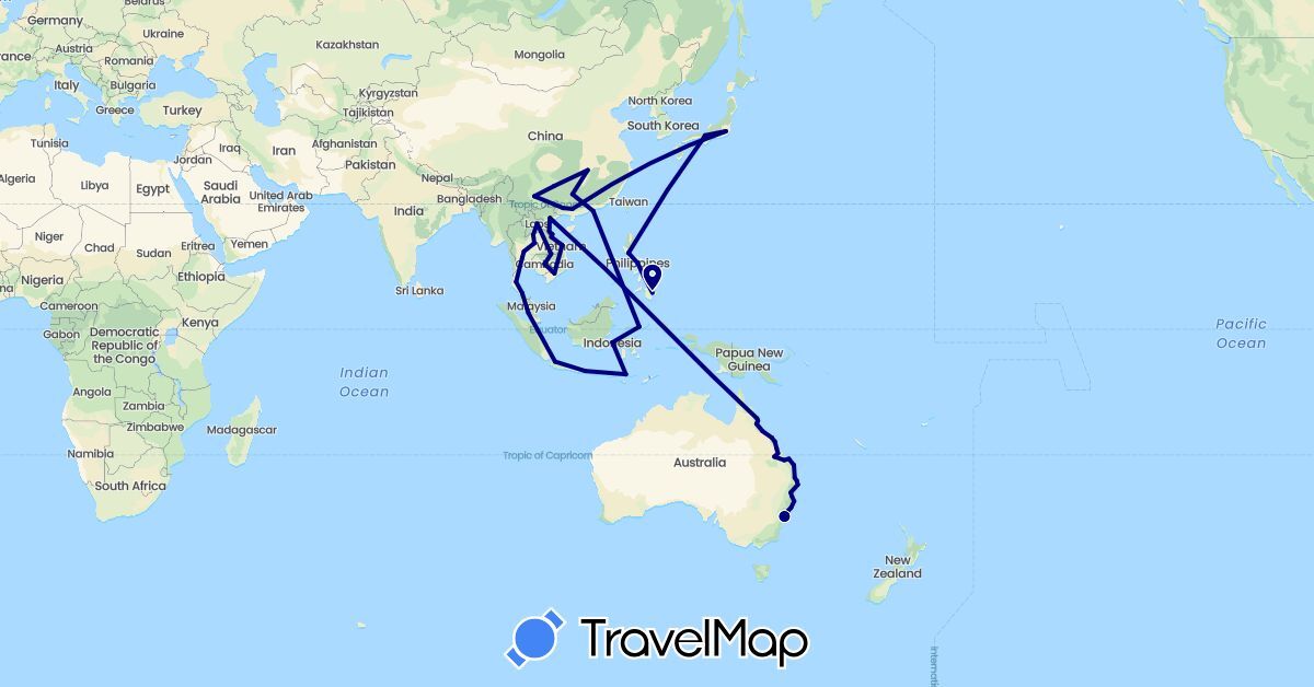 TravelMap itinerary: driving in Australia, China, Indonesia, Japan, Laos, Malaysia, Philippines, Thailand, Vietnam (Asia, Oceania)